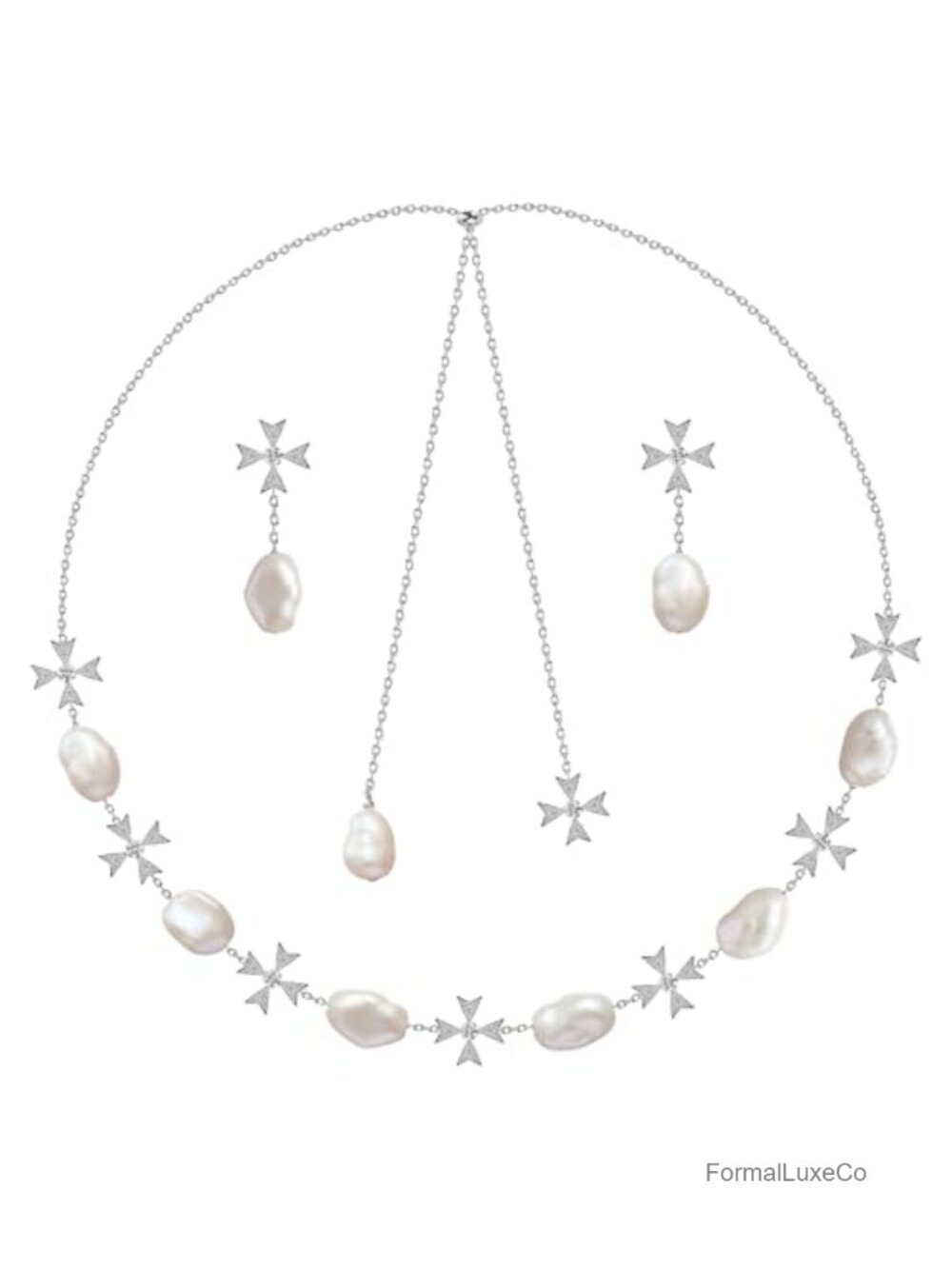 18K Gold Plated Baroque Pearl Jewelry Set, 25.5" Cross Necklace and Earrings,